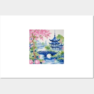 Watercolor chinoiserie landscape with pagodas and cherry blossom Posters and Art